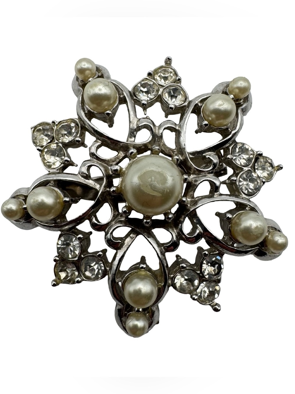 Vintage Coro Silver Tone Faux Pearl Rhinestone Snowflake Star Brooch Pin